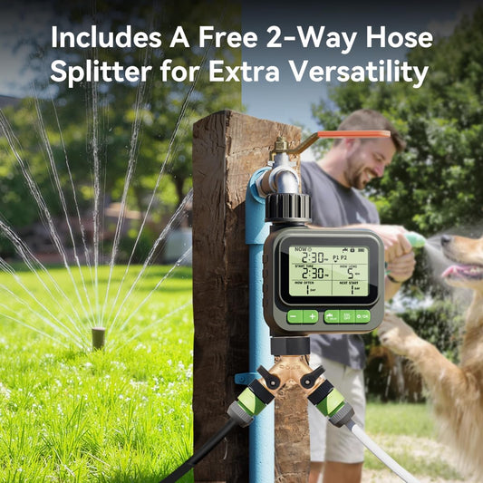 Sprinkler Timer System w/Brass Splitter|Programmable Water Timer for Garden Hose, Outdoor Soaker Hose Timed with Rain Delay/Manual/Automatic Watering System, Digital Irrigation for Yard, Lawn