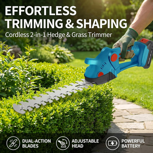 Electric Cordless Hedge Trimmer, 21V Rechargeable Shrub Trimmer Grass Shears, Dual-Blade Handheld Grass Cutter, Hedge Shear with 2 PCS Rechargeable Battery and Charger for Garden/Lawn (Blue)
