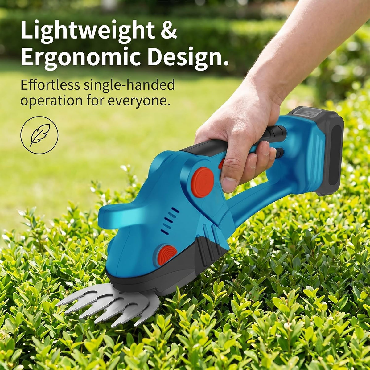 Electric Cordless Hedge Trimmer, 21V Rechargeable Shrub Trimmer Grass Shears, Dual-Blade Handheld Grass Cutter, Hedge Shear with 2 PCS Rechargeable Battery and Charger for Garden/Lawn (Blue)