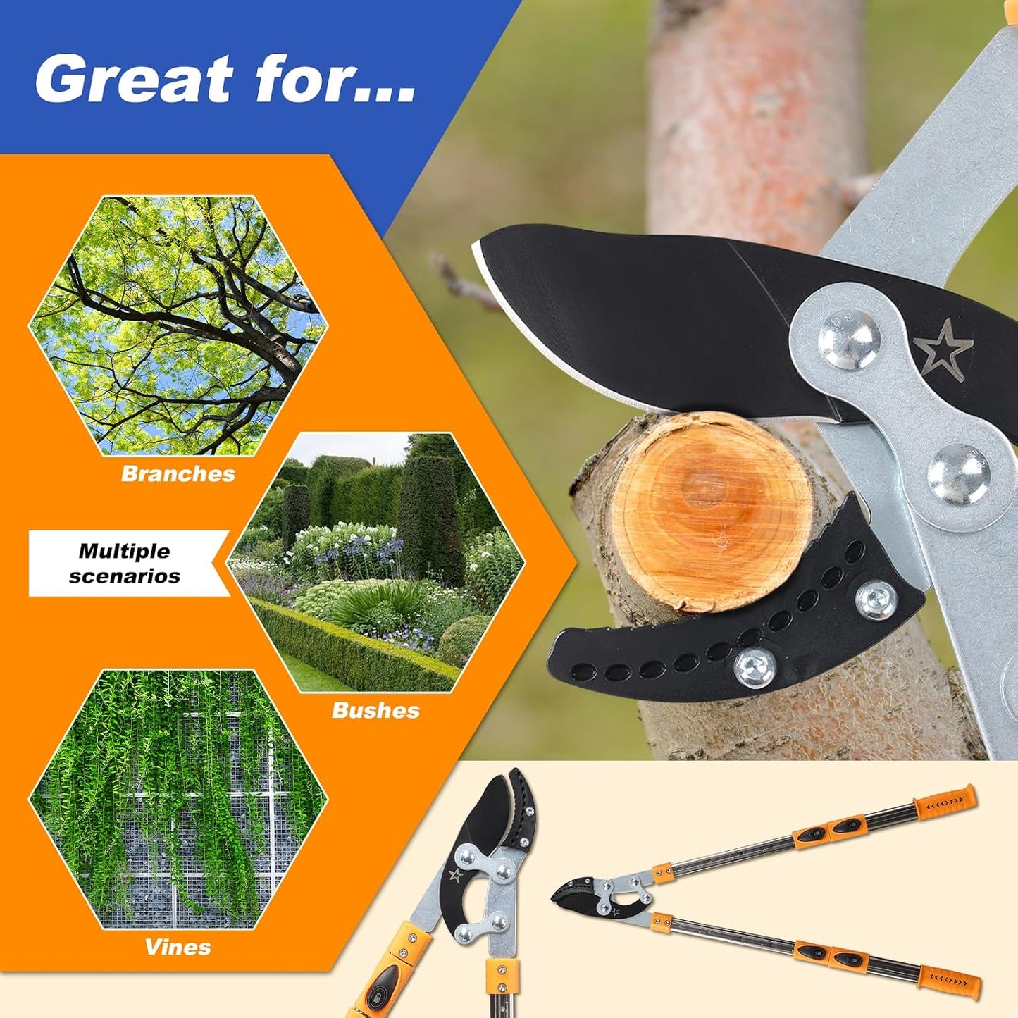 Loppers for tree trimming heavy duty extendable 24.8-43.7 inches,Tree pruning shears Rust Resistant Sharp Steel Blade Tree Limb Trimmer,Shock-Absorbing design, Non-slip Handle,Garden Tools