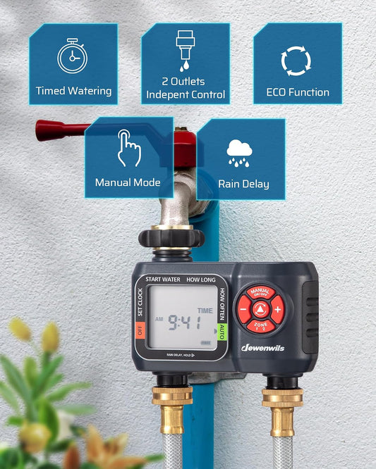 2-Zone Hose Timer with Rain Delay, Manual & Auto Watering