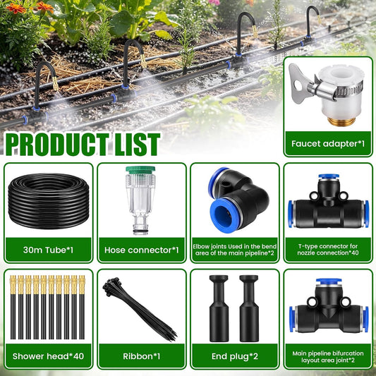 150 Pcs 98 ft 3/8" Greenhouse Drip Irrigation Kit with 40 Brass 360° Adjustable Nozzles and Faucet Adapter Install Adapters for Plants Lawns Gardens