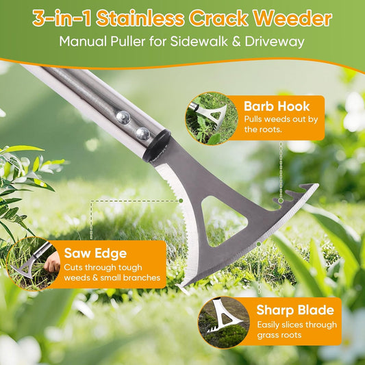 Crack Weeder, 3-in-1 Stainless Steel Weeding Tool with 60" Long Handle - Stand Up Weeder for Driveway, Sidewalk & Deck Crevices - No Bending, Tool-Free Assembly