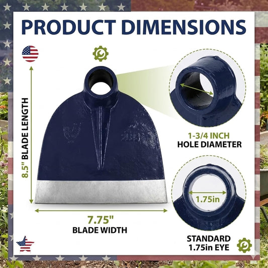 American Pattern Eye Hoe Head, 7-3/4" Blade Width, 8-1/2" Blade Length, 1-3/4" Diameter Hole, Grub Hoe Head Garden Steel Tool for Garden Hacking, Yard or Farming Work, No Handle Included