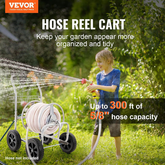 Hose Reel Cart, Hold Up to 300 ft of 5/8’’ Hose, Garden Water Hose Carts Mobile Tools with 4 Wheels, Heavy Duty Powder-Coated Steel Outdoor Planting with Storage Basket, for Garden, Yard, Lawn