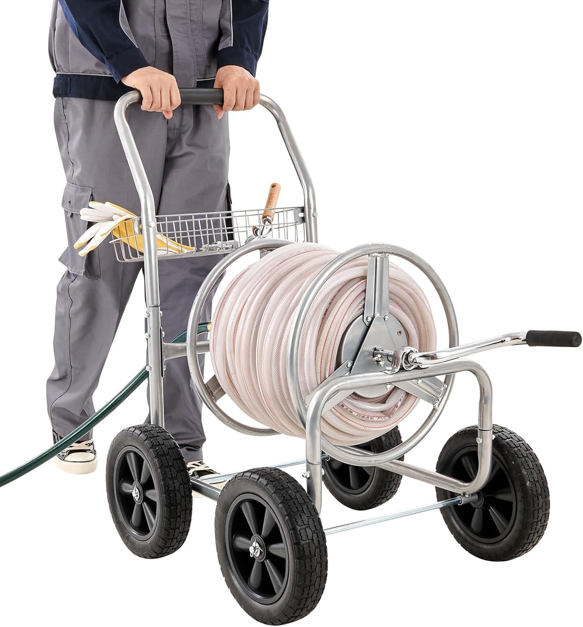Hose Reel Cart, Hold Up to 300 ft of 5/8’’ Hose, Garden Water Hose Carts Mobile Tools with 4 Wheels, Heavy Duty Powder-Coated Steel Outdoor Planting with Storage Basket, for Garden, Yard, Lawn