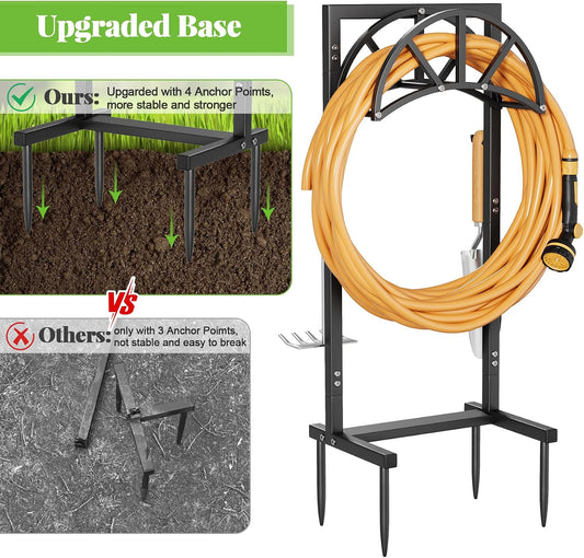 Garden Hose Holder Freestanding with 4 Spikes, Upgraded Water Hose Holder with Stainless Steel Screws, Heavy Duty Hose Stand Holds (Deep Black)