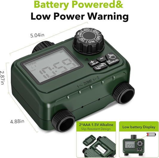 Outdoor Water Timer for Lawn, 2 Zone Programmable Sprinkler Timer
