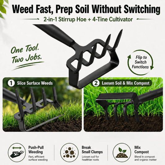 Garden Hoe with Cultivator Rake, 2-in-1 Heavy Duty Action Stirrup Hoe with Sharp Blade,60" Adjustable Long Handle Loop Scuffle Hoe for Fast Weeding, Loosening Soil, Aerating and Mixing Compost