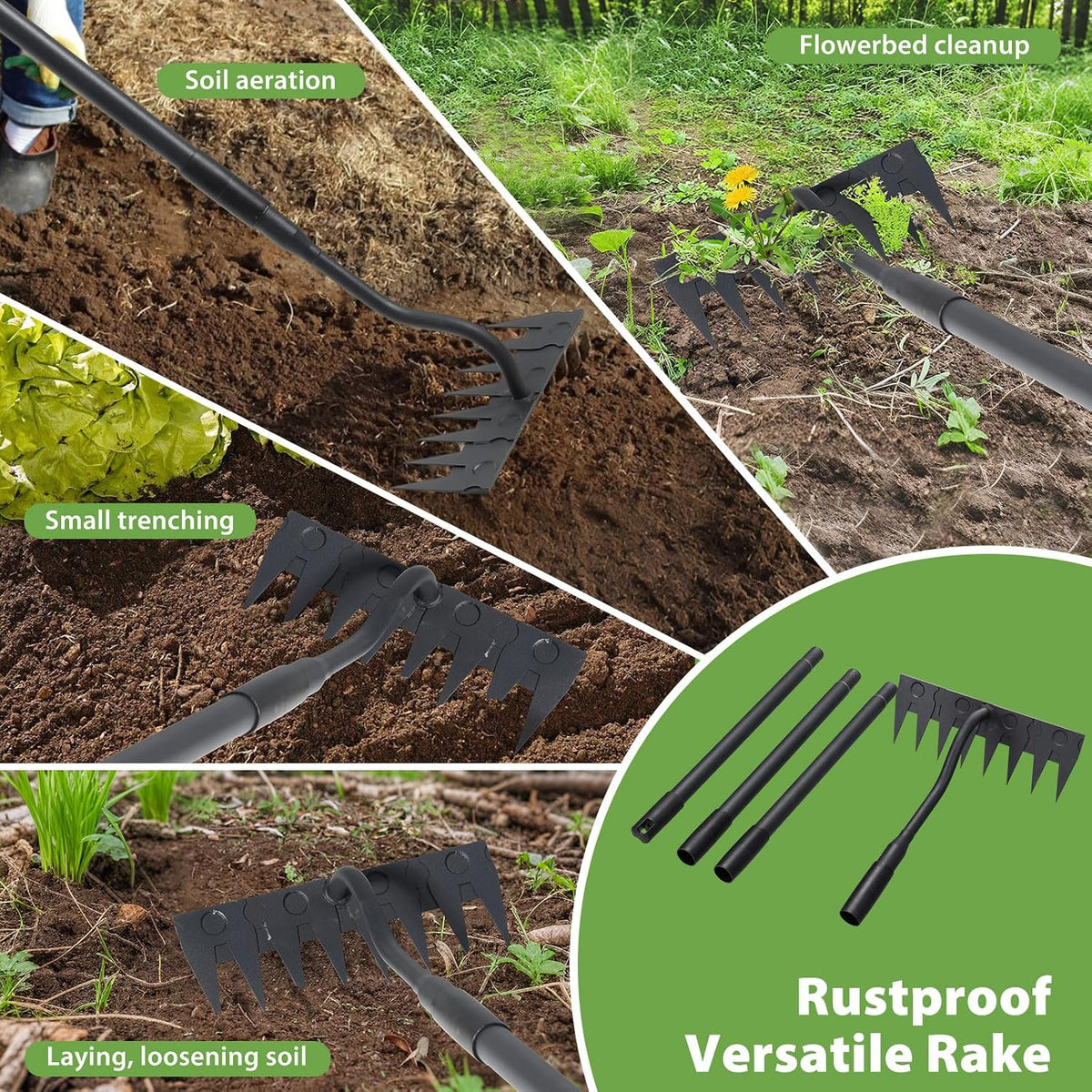 Manual Weeder Tool,4 Tines Garden Weeding Rake with Sharp Blade,55 Inch Long Handle,Heavy Duty Stand Weeding Tool for Weeding Loosening Soil Gathering Leaf Leveling Thatch Rake