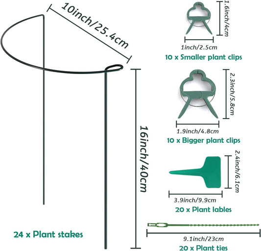 24 Pack Plant Support Stake, Half Round Metal Garden Plant Stake, Green Plant Support Ring, Border Support with Plant Lables & Plant Clips for Outdoor Indoor Plants, Vegetable, Flowers