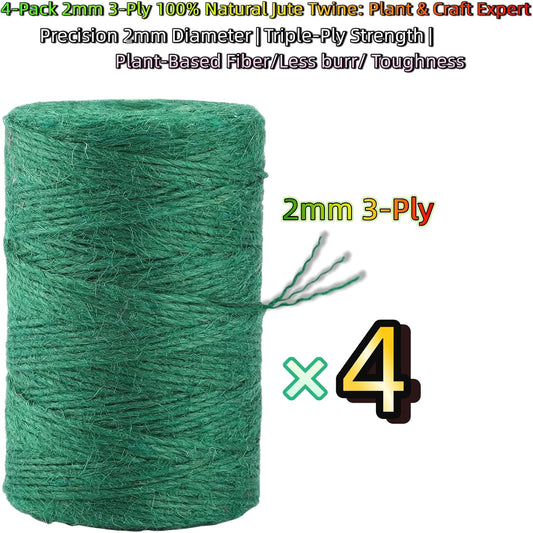 1312.336 Feet 2mm Green Jute Twine String - 3 Ply Natural Garden Twine for Plants, Crafts, Gift Wrapping, Packing - Heavy Duty Plant Ties for Tomatoes, Climbing Plants, DIY Projects, (4 Pack)