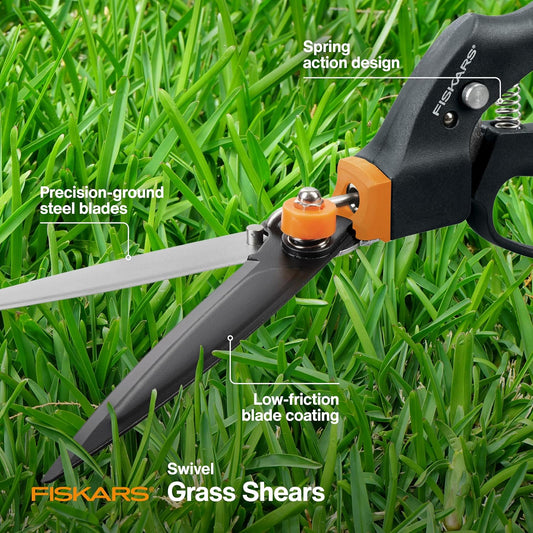 Garden Swivel Grass Shears, Rotating Blades for Precise Lawn Edging, Spring-Action Handle, 5", Black/Orange