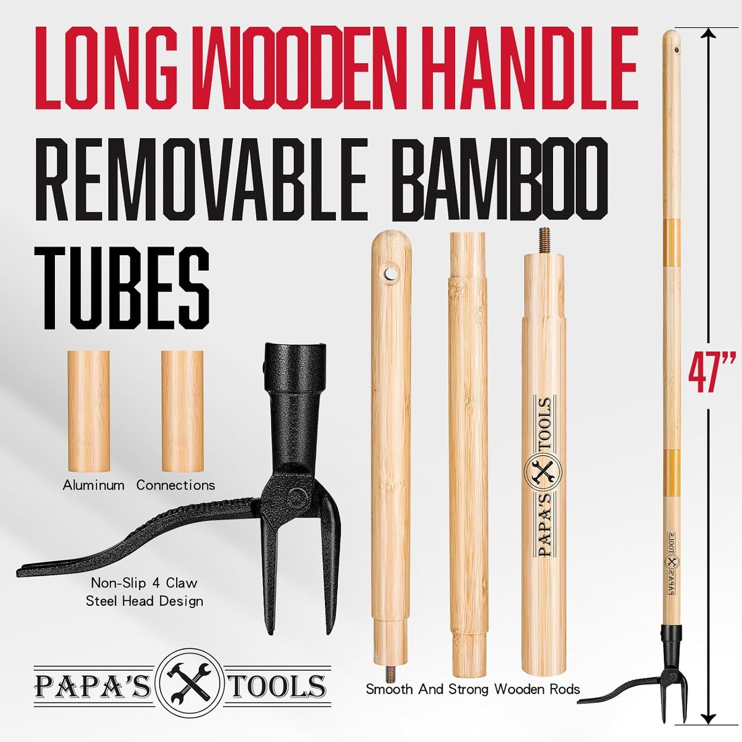Papa's Tools Weed Puller Tool, 44" Stand Up Weeder Garden Tools & 4 Claw Steel Head, Dual Weed Eject Tech. Made with Real Bamboo & Long Wooden Handle, Yard Weeding Remover for Gardening Men & Women