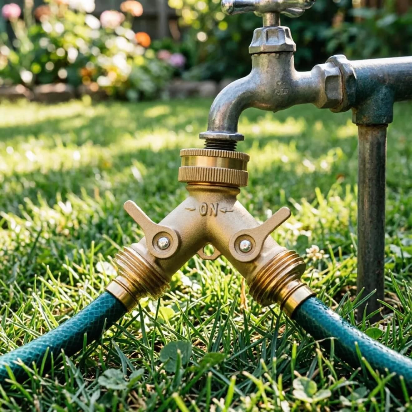Heavy Duty Brass Garden Hose Splitter, 2 Way Outdoor Faucet Splitter with Solid Brass Handles, Leakproof 3/4 Inch Hose Bib Adapter, Heavy Duty Outdoor Water Hose Connector for Garden and Yard-2Pack