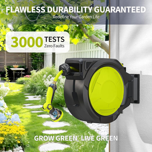 Retractable Garden Hose Reel - 1/2 inch x 50ft Wall Mounted Hose Reel with 3/4 inch Brass Fitting & 10 Function Sprayer Nozzle - Any Length Lock, Auto Rewind System, 180°Swivel Bracket - Black