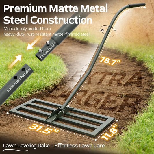 Lawn Leveling Rake -31.5''x11.8'' Heavy Duty Leveling Rake, Ergonomic Handle, Professional Ground Leveler for Yard, Soil, Grading, Gravel, Seeding, Do Not Hurt Turf, Save Effort