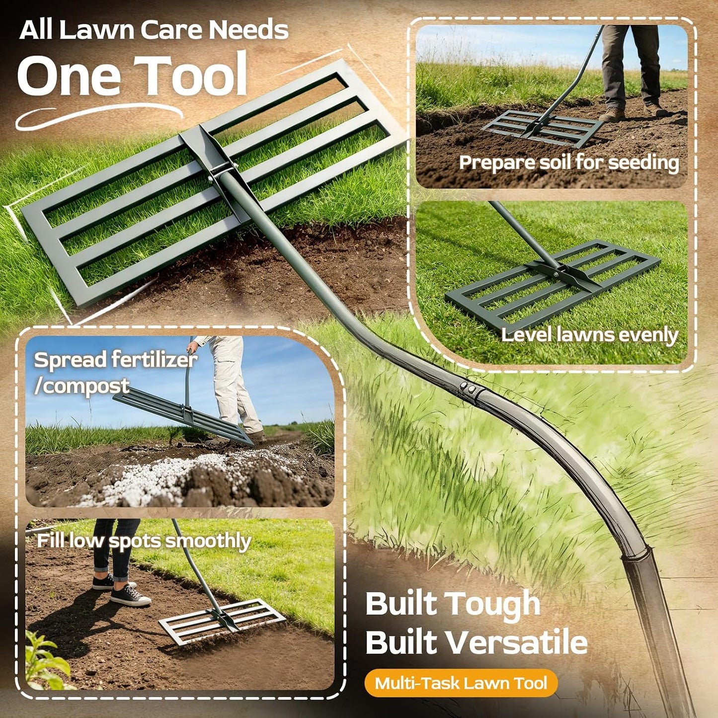 Lawn Leveling Rake -31.5''x11.8'' Heavy Duty Leveling Rake, Ergonomic Handle, Professional Ground Leveler for Yard, Soil, Grading, Gravel, Seeding, Do Not Hurt Turf, Save Effort