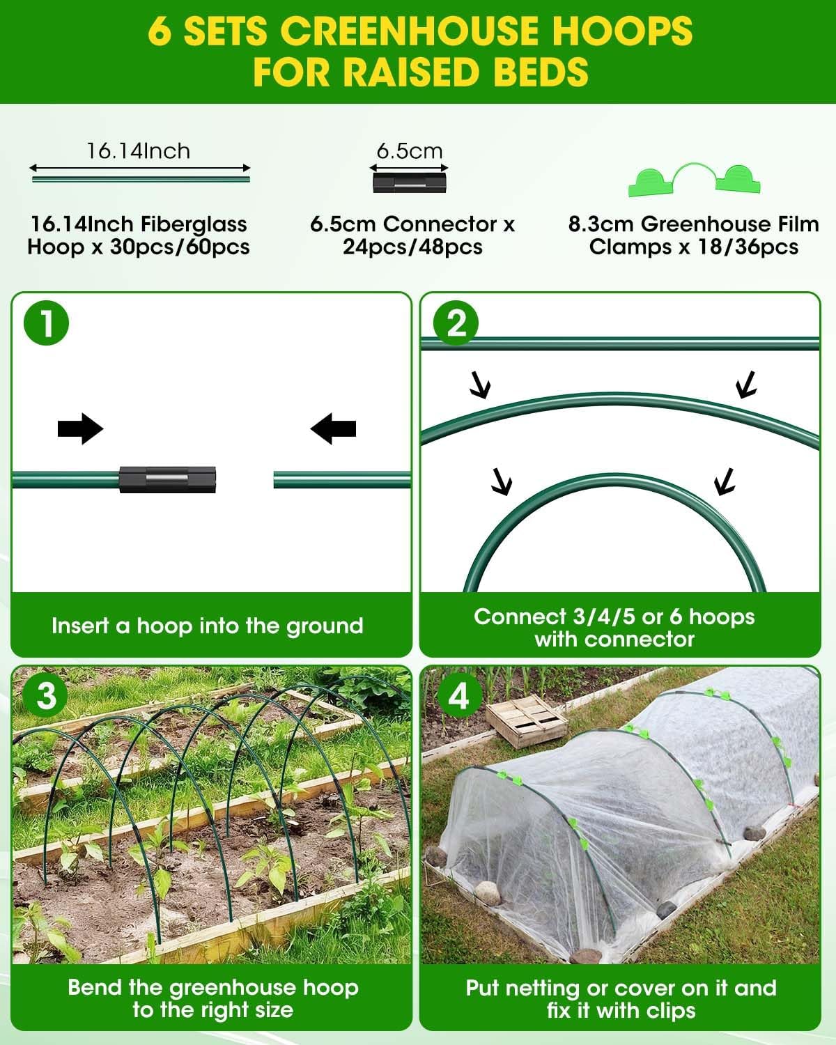 60Pcs Garden Hoops for Raised Beds, 12Sets Greenhouse Hoops Grow Tunnel, Rust-Free Fiberglass Support Hoops Frame for Netting Shade Cloth Cover, DIY Plant Support Garden Stakes