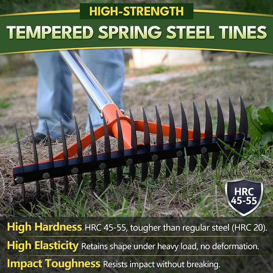 62.5 Inch Thatch Rake for Lawns 18 Sharp Tempered Spring Steel Tines
