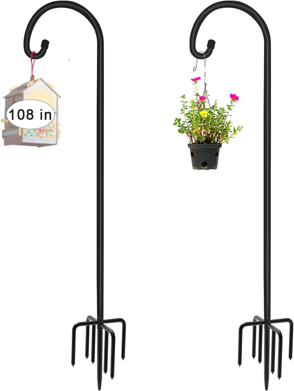 76 inch Outdoor Shepherd Hook with 7 Prong Base (2 Packs), Adjustable Heavy Duty Garden Hanging Stake for Bird Feeder Solar Light Plant Hanger Wedding Decor, Matte Black