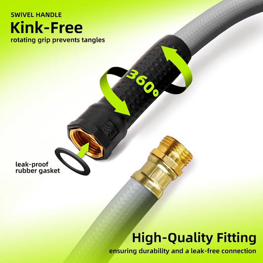 Short Lead-in Gray Garden Hose 5/8 in. x 12 ft. -Kink Free, No Leaking, Male/Female Fittings -Heavy Duty Durable Flexible Lightweight Water Pipe -Brass Aluminum Ends for Household & Yard Use