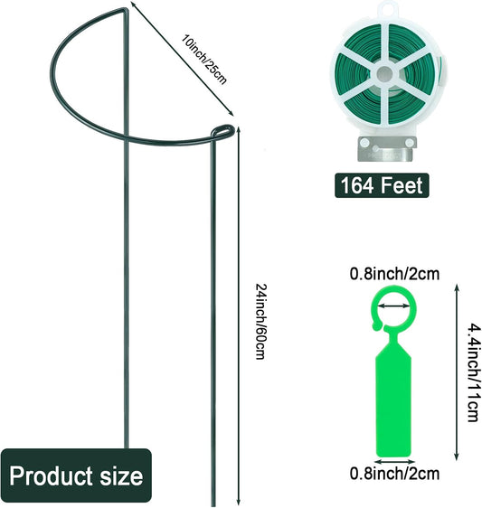 12 Pack 24 Inch Tall Plant Support Stakes, 10" W x 24" H Half Round Peony Cages and Support, Heavy Duty Green Plant Cage Ring Support for Indoor and Outdoor Peony Rose Tomato Hydrangea Flower