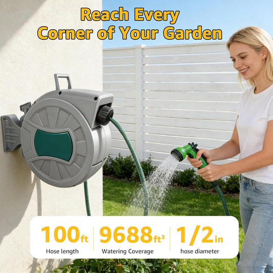 Retractable Hose Reel 1/2 in x 100 ft, Wall Mount Garden Water Hose Reel for Car Wash, Pet Bath & Plant Watering, Automatic Slow Rewind, Triple-Layer Anti-Kink Hose, 7-Pattern Spray Nozzle