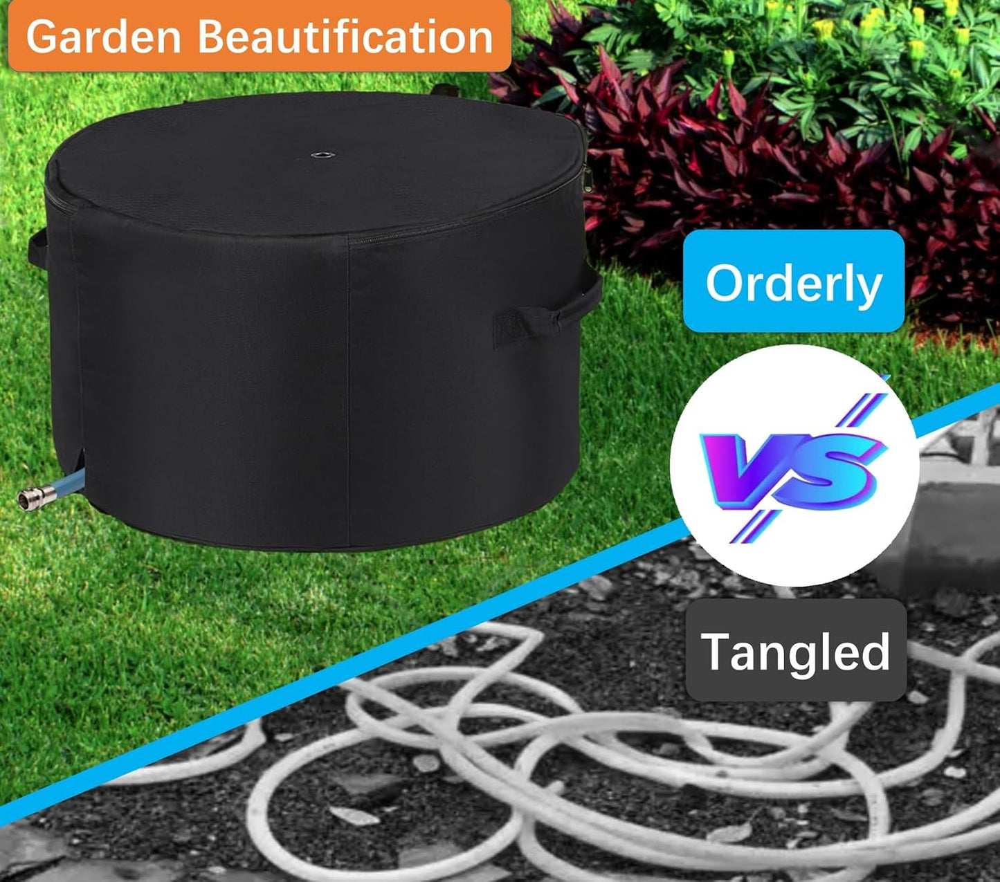 Garden Hose Holder Standing Bag, Water Hose Holder Pot Bag for Outside, with Hose Entry Hole; Drainage & Breathable Holes; Small Tool Storage Pocket (black)