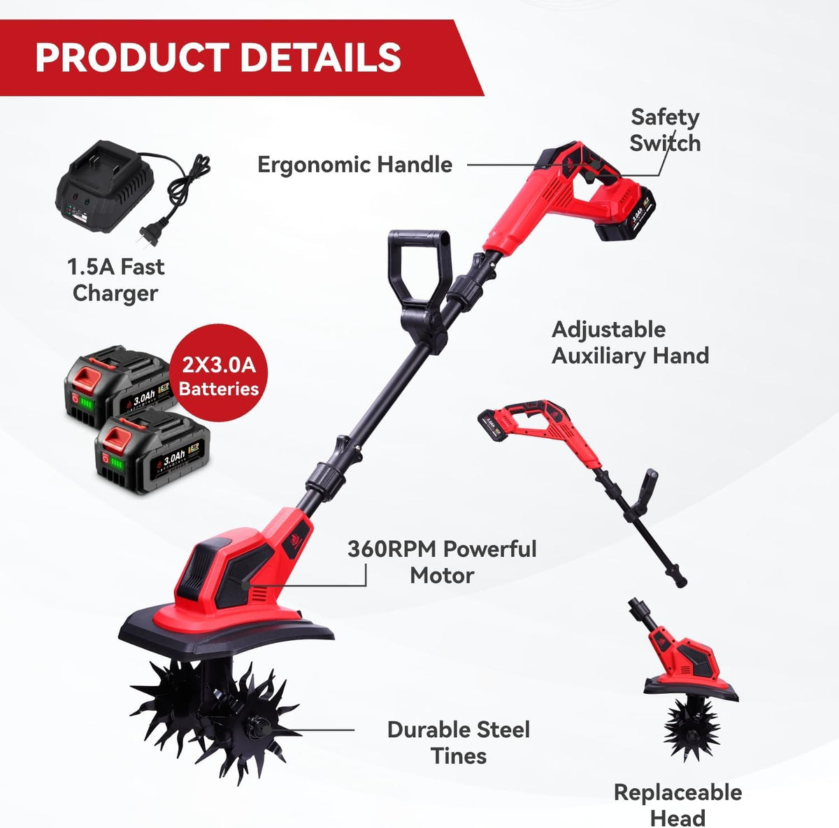 Cordless Tiller for Gardening, 360RPM Garden Tiller with 2x4.0Ah Batteries
