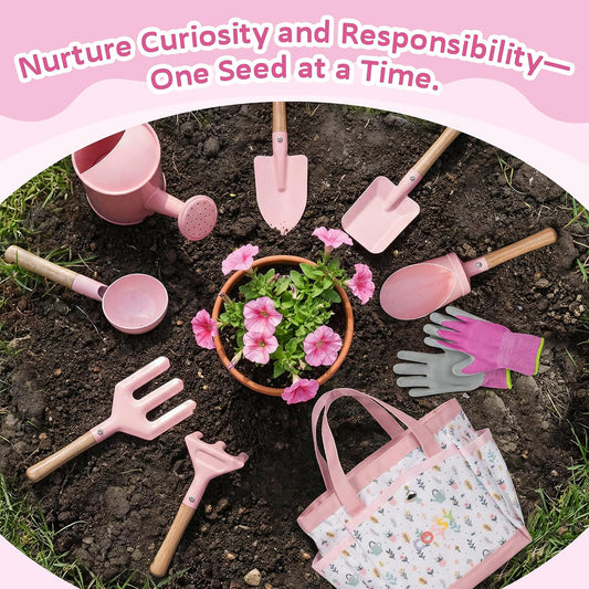 Kids Gardening Set, 13PCS Garden Tool Kit for Kids and Toddlers Boys Girls, Includes Tote Bag, Watering Can, Shovels, Rake, Kids Gardening Gloves, Apron and More, Pink