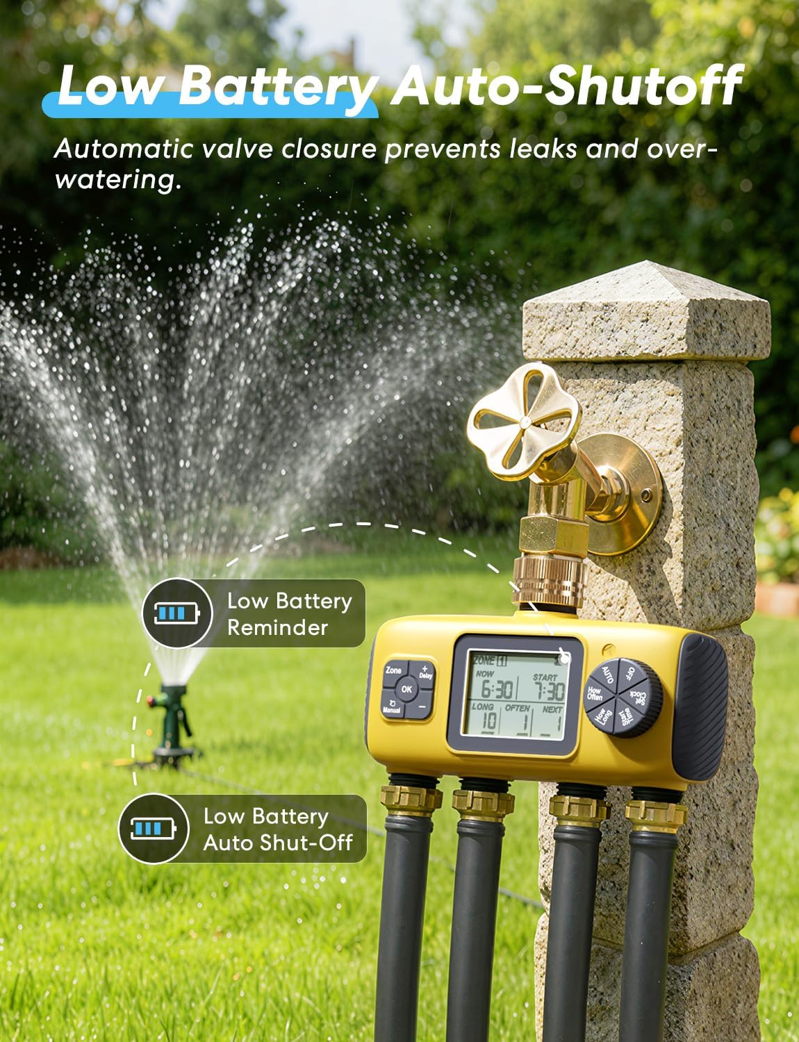 4 Zone Sprinkler Timer with Brass Inlet, Water Timer for Garden Hose