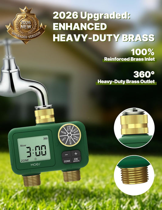 2 Zone Water Timer, Brass Fittings, Rain Delay, No Wi-Fi Required