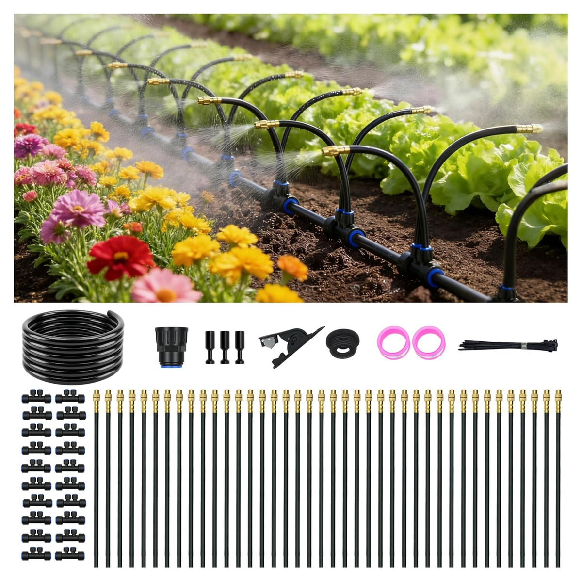 Drip Irrigation System for Garden, Automatic Watering System with Adjustable 360° Copper Spray Nozzles, DIY Drip Irrigation Kit for Yard, Lawn, Greenhouse, Raised Beds & Potted Plants (30FT)