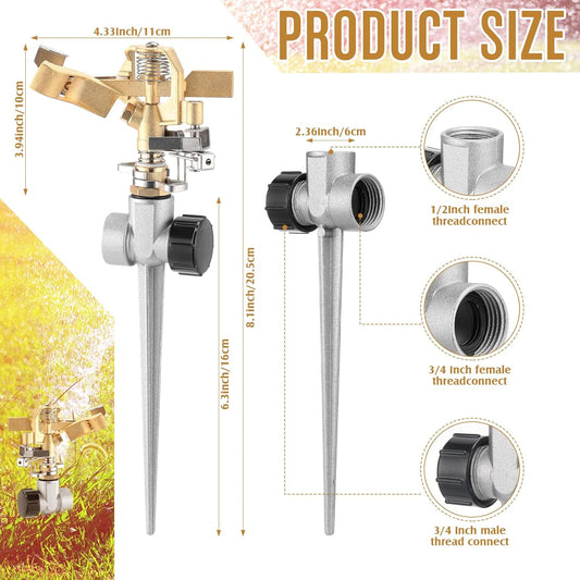 3 Pcs Lawn Impact Sprinklers for Yard Heavy Duty Brass Water Sprinkler with Spike Base 360° Adjustable Lawn Irrigation Equipment for Large Area Garden Grass Yard Patio