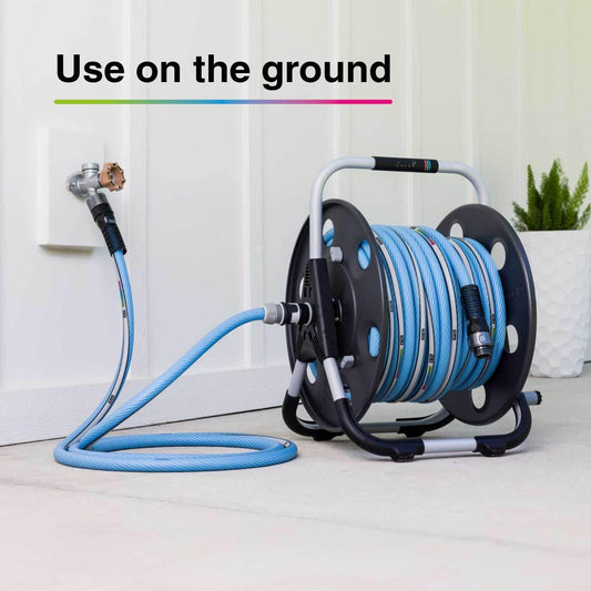 Quantum durable, movable metal hose reel for floor or wall mounting, with durable, kink-proof and ultra-flexible NTS Water Hose 100-Feet x 5/8-Inch