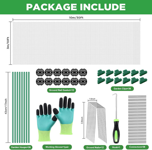 Garden Netting Kit for Raised Beds, Fiberglass Garden Hoops with 10x33FT Ultra Fine Mesh Netting and 24 Clips, Insect Netting for Garden Row Cover Vegetable Flowers Protection Barrier Plant Covers Net