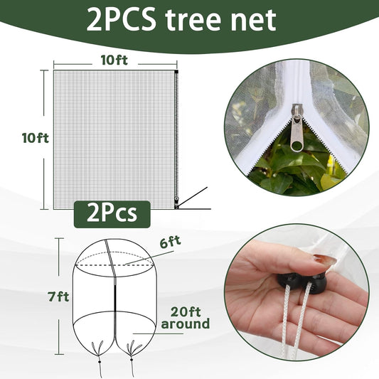 2 Pack 10x10 FT Fruit Tree Netting Apple Blueberry Zipper Drawstring