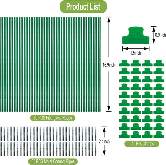 60PCS Garden Hoops for Raised Beds, 8FT Rust-Free Fiberglass Greenhouse Hoops, DIY Frame Stake to Create Grow Tunnels, Plant Support Row Covers & Garden Netting, 40Pcs Clips