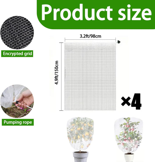 4 Pack Bird Netting for Blueberry Bushes, 3.3 * 4.9Ft Tomato Plant Netting, Plant Covers from Insects, Mesh Plant Protector for Tomatoes, Fruit Tree, Flowers, Vegetables with Drawstring