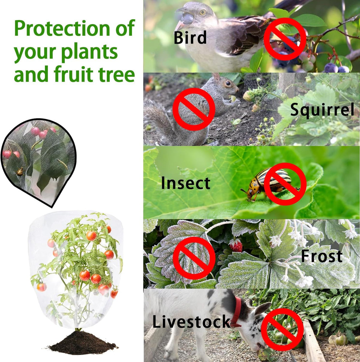 4 Pack Bird Netting for Blueberry Bushes, 3.3 * 4.9Ft Tomato Plant Netting, Plant Covers from Insects, Mesh Plant Protector for Tomatoes, Fruit Tree, Flowers, Vegetables with Drawstring