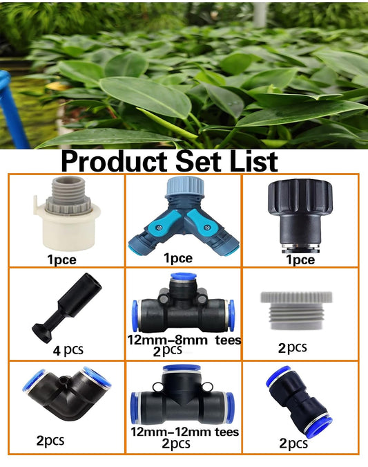 Water-Saving Drip Irrigation Fitting Kit with Y-Splitter, Universal & Quick Connect Adapters, Elbows, Tees, Easy DIY Garden Watering System for Flowers (Water-Saving Drip Irrigation Fitting Kit)