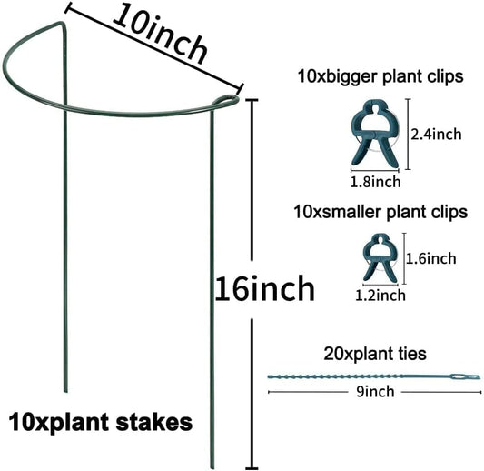 10 Pack Garden Plant Support Stakes,10" Widex16 High Heavy Duty Interlinked Half Round Peony Support Ring Cage for Indoor Outdoor Plants,Plant Supports for Peony,Tomato,Hydrangea,Rose