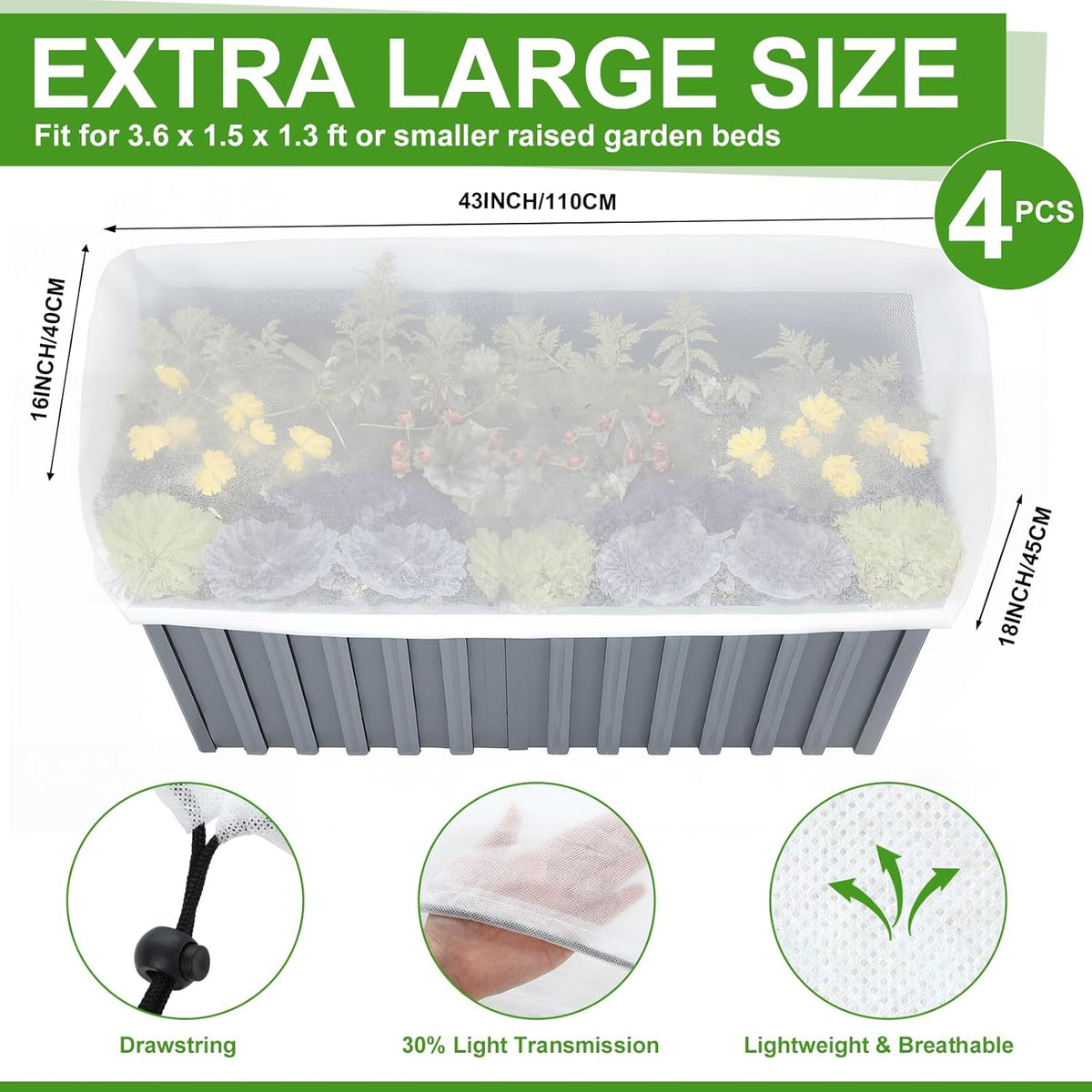 4 Pcs Winter Plant Covers Freeze Protection 4.1 x 2 x 1.6 ft Oval Raised Garden Bed Cover with Drawstring, 2.1oz/yd² Large Garden Box Frost Blanket Cloth Reusable for Outdoor Plants