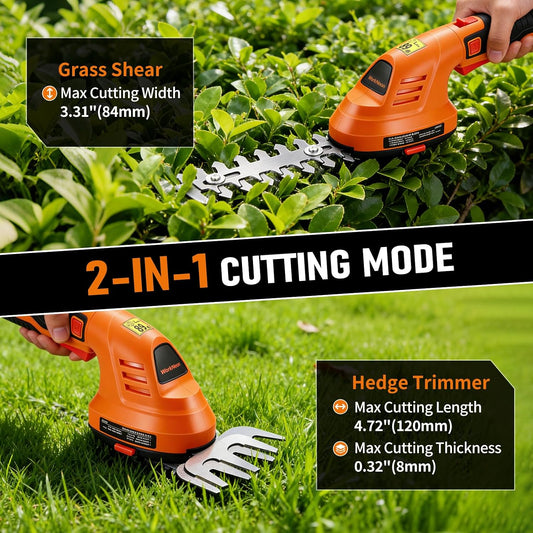 Electric Hedge Trimmer Cordless, 2-in-1 Lightweight Handheld Grass Trimmer Hedge Shears/Cutter, 8V Battery Powered Rechargeable Garden Tool for Yard, Lawn