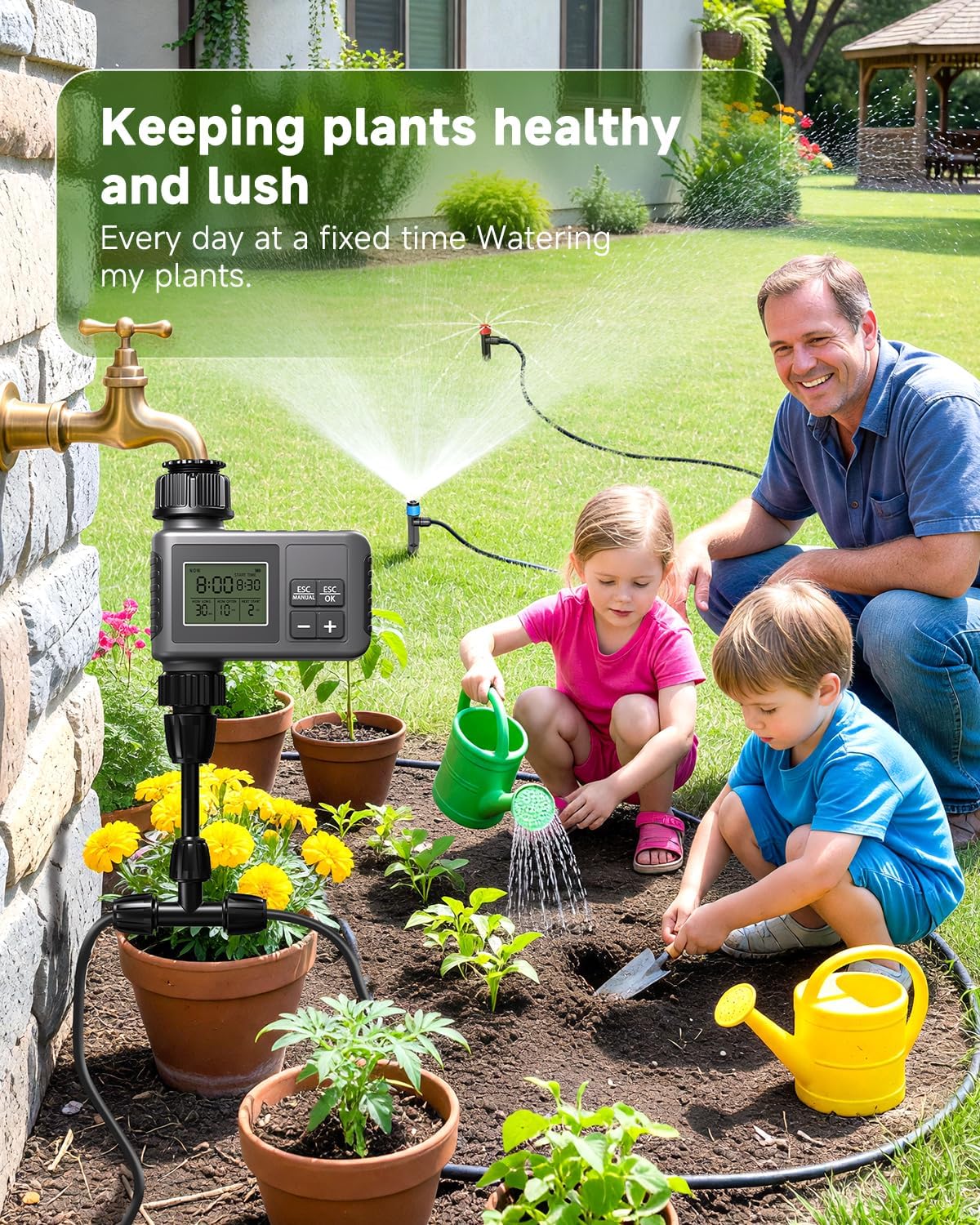 124FT Drip Irrigation System with LCD Timer, Automatic Watering System Kits,5/16 Inch Hose 1/4 Inch Distribution Tubing 3 Sprayer Types, for Garden, Greenhouse, Garden, Lawn
