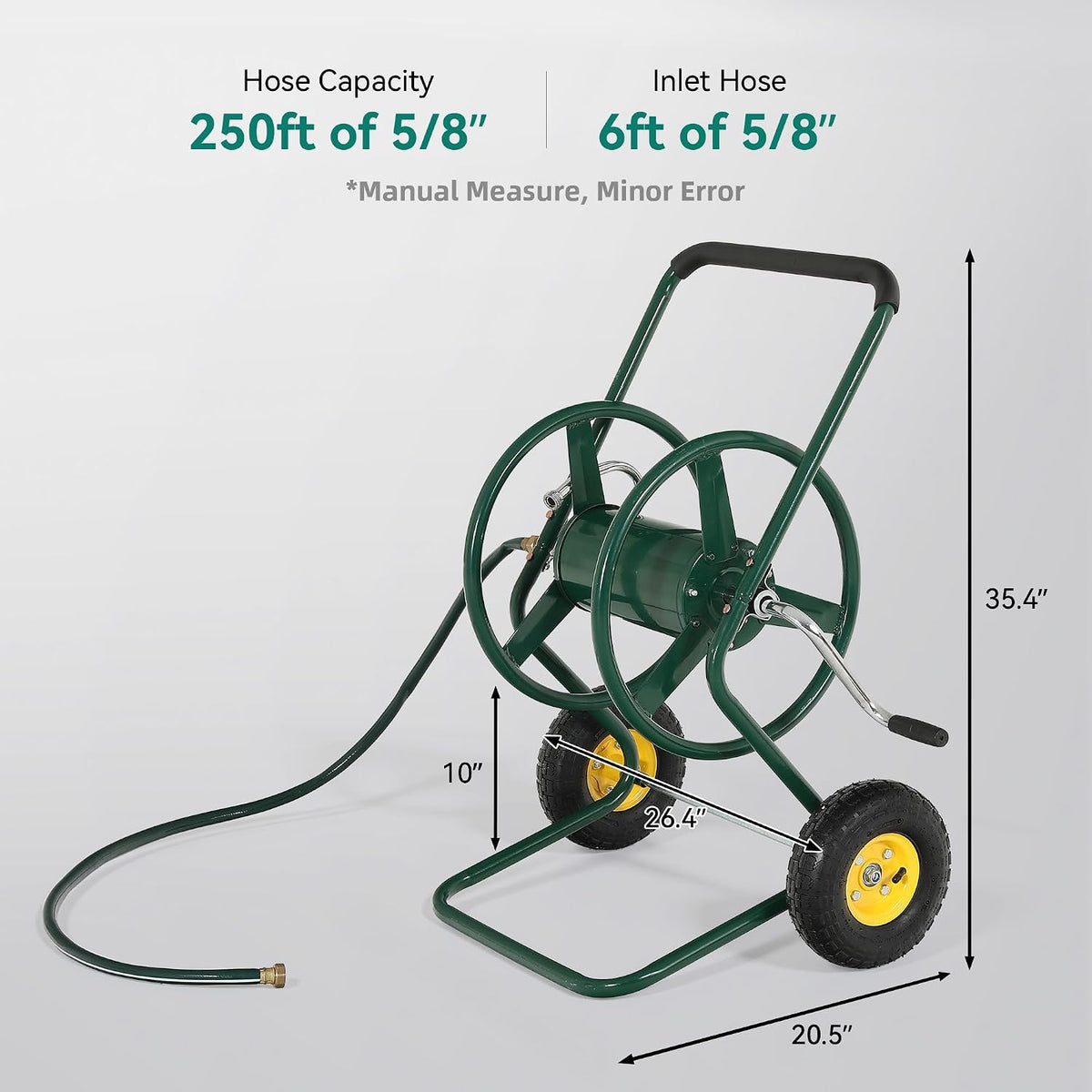 Garden Water Hose Reel Cart - 250 ft. Capacity, 10" Pneumatic Tires, Powder-Coated Steel Frame for Tangle-Free Garden Hose Storage