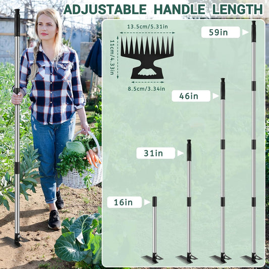 Weed Puller Tool with Long Handle, 2 in 1 Manual Weed Rake and Garden Hoe, 11 Tooth Weed Remover Tool, Hoe Garden Tool, Uprooting Weeding Tool for Yard, Lawn, Patio and Garden