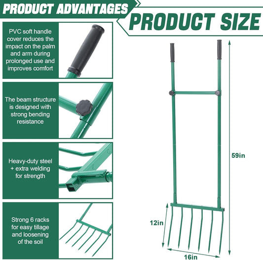 Heavy Duty Garden Broadfork 59" Steel Long Dual Handle Pitch Fork 16" Wide Broadfork 6 Steel Tines U-Shaped Hand Tiller Broad Fork for Farm and Garden Soil Loosening Weeding Composting Aeration