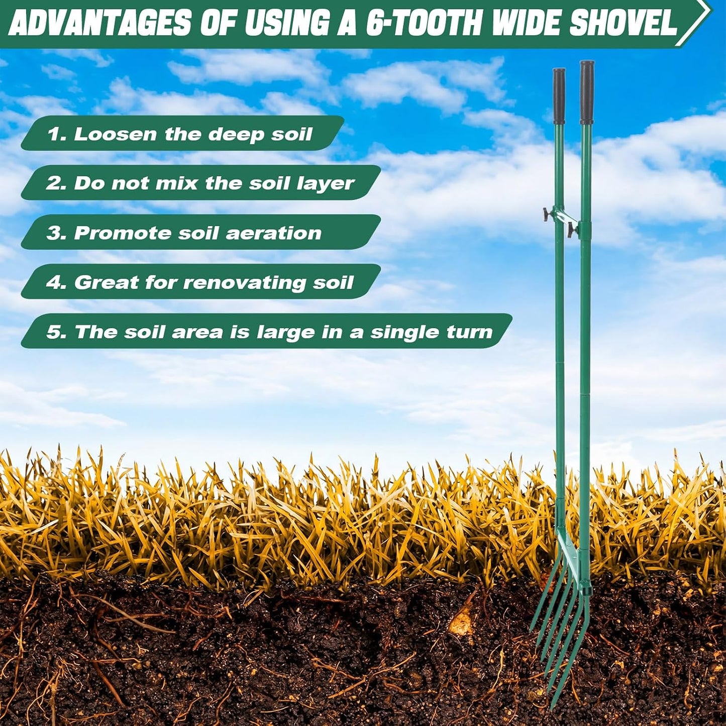 Heavy Duty Garden Broadfork 59" Steel Long Dual Handle Pitch Fork 16" Wide Broadfork 6 Steel Tines U-Shaped Hand Tiller Broad Fork for Farm and Garden Soil Loosening Weeding Composting Aeration